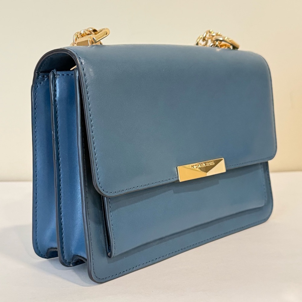 Michael Kors Jade Gusset Leather Shoulder Bag Blue Gold Chain Crossbody Shoulder - Picture 9 of 16